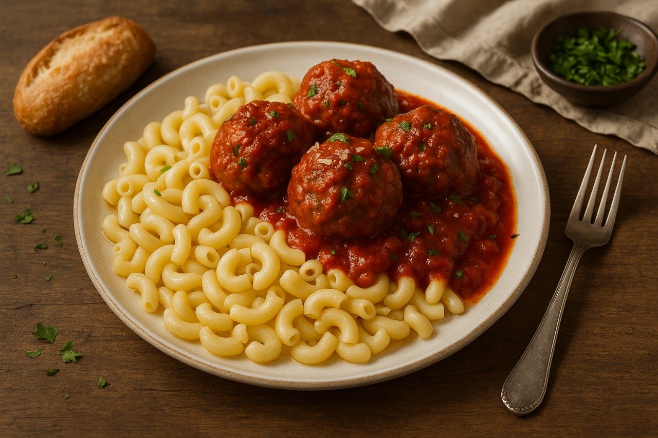 mes boulettes de viande à ma façon, assorties de macaronis au beurre salé